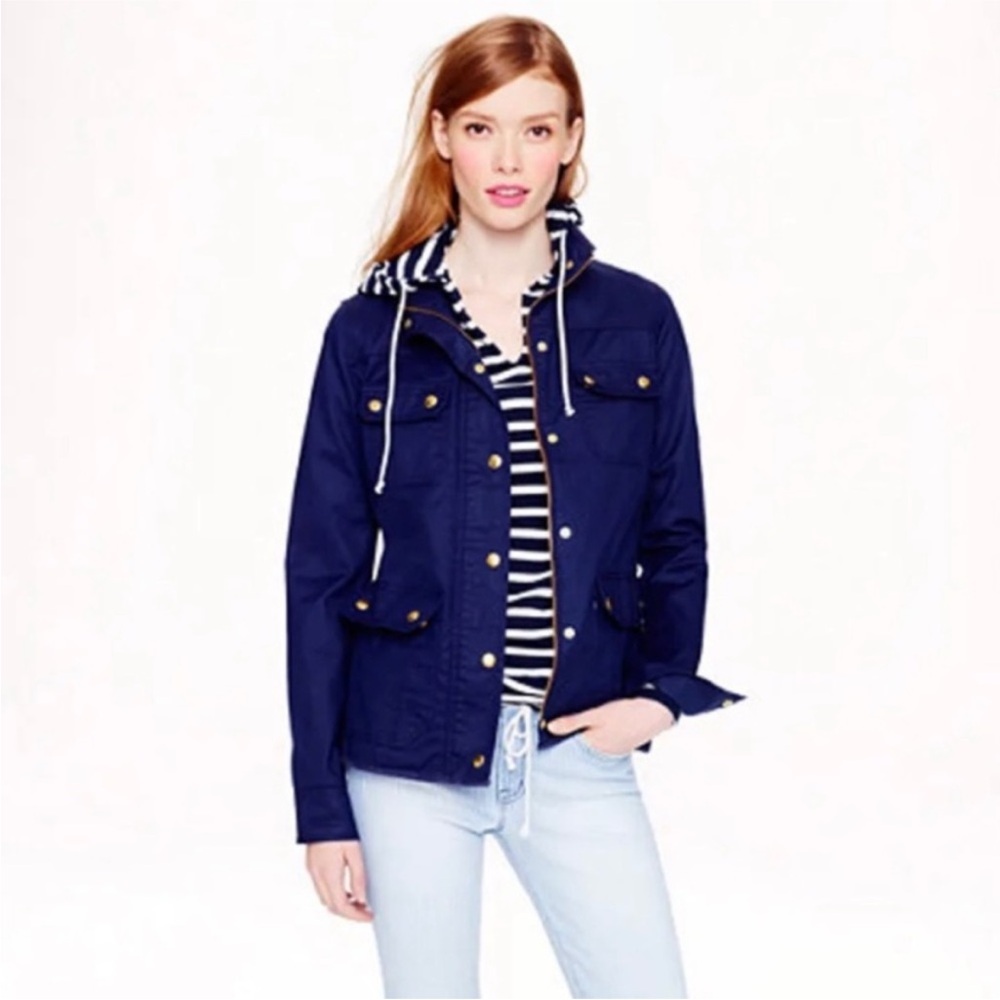J Crew Womens Resin-Coated Twill Jacket Size XS Relaxed Boyfriend Field Zip Blue